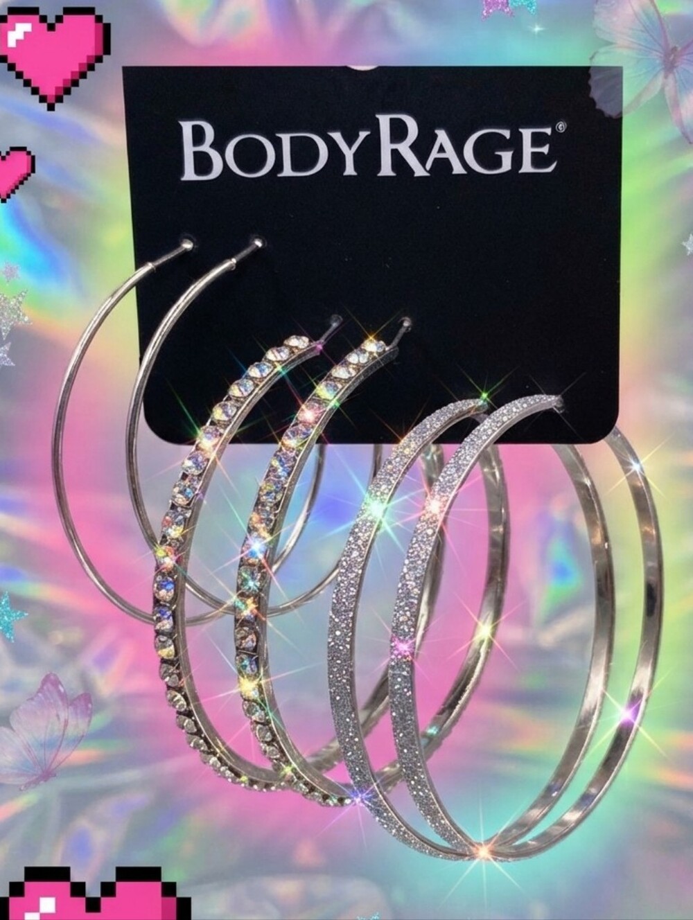 VTG Style BodyRage Silver Hoops Set ✨ 90s Mall Goth Rhinestone Glitter Earrings
